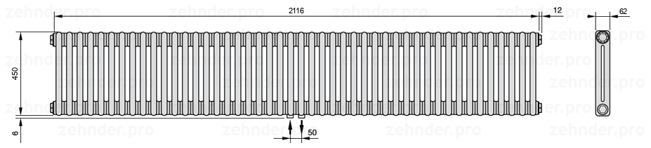 Схема (чертеж) Радиатор Zehnder Charleston 2045/46 №3470 Белый глянцевый RAL 9016